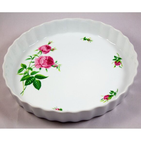 Vintage Christine Holm Fluted Edge Quiche Tart Pie Dish Pink Rose Pattern 9.5" - Picture 1 of 11